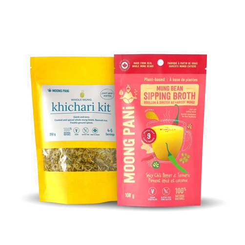 Moong Pani Mung Bean Sipping Broth(CHILI & TURMERIC) & Khichari (Kitchari Kit) | Vegan | 100% Natural | Gluten Free | Soy-Free | Keto-friendly | 5 Flavours | Cooked, Spiced Whole Green Mung | Combo Pack