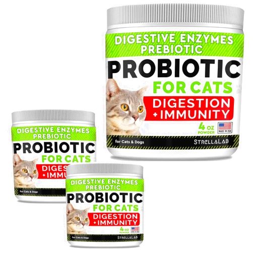 STRELLALAB 3 pack Probiotics Powder for Cats and Dogs - All Natural Supplement - Digestive Enzymes + Prebiotics - Relieves Diarrhea, Upset Stomach, Gas, Constipation, Litter Box Smell, Skin Allergy -US Made- 4oz