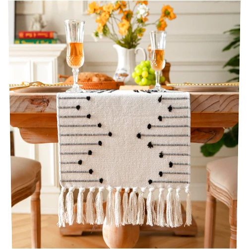 Caflife Boho Table Runner 13 x 60 Inch Long Natural Cotton Woven Runner with Tassels for Home Dining Table décor, for Modern Farmhouse Decor Coffee Table Runner, Black and Beige