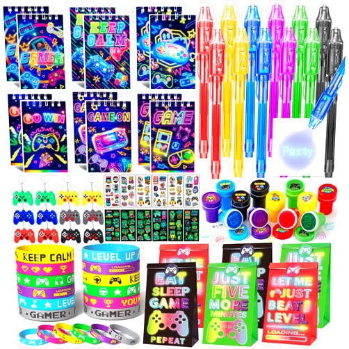 SNLN Video Game Party Favors Gamer Birthday Supplies for Kids Neon Notebook Bags Invisible Ink Pen Silicone Bracelet Stamper Keychain Tattoo Sticker Gaming Game on Party Favors for Boys Goodies Bag