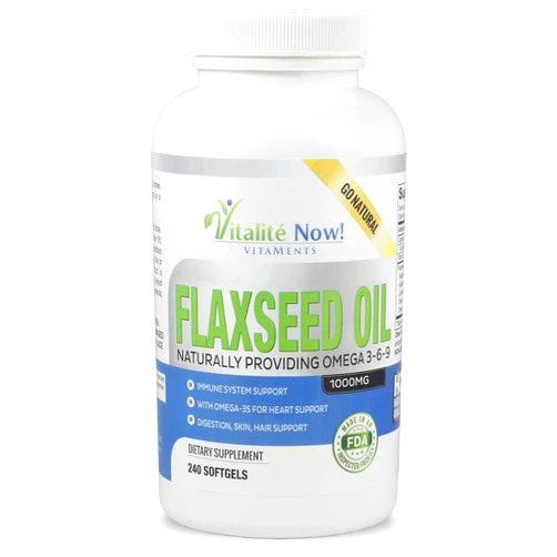 Vitalité Now! Upsize Best Organic Flaxseed Oil Softgels - 1000mg Premium, Virgin Cold Pressed from Flax Seeds - Hair Skin & Nails Support - Omega 3-6-9 Supplement - 240 Count - More Than 8 Month Supply!