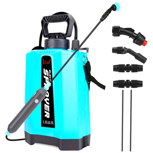 Itisll Battery Powered Sprayer, Upgrade Double Wand Electric Garden Sprayer with USB Rechargeable Handle Lawn Sprayer with 3 Mist Nozzles, with Shoulder Strap 1.35Gallon/5L