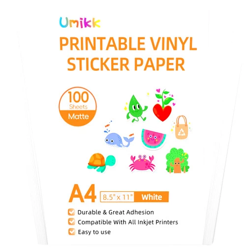 Umikk Printable Vinyl Sticker Paper 100 Sheets - Waterproof Vinyl Printer Sticker Sheet, Sticker Printer Paper for Inkjet Printer & Laser Printer, Size 8.5