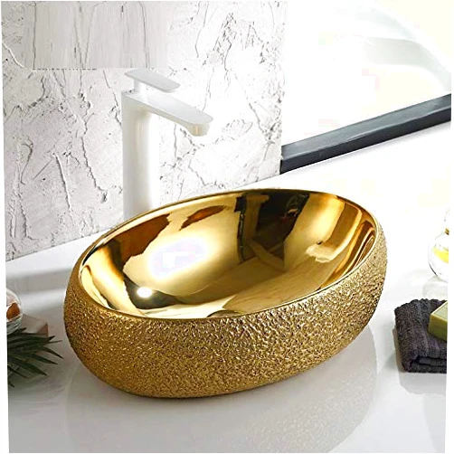 InArt Above Counter Vessel Sinks,Bathroom Sink, Ceramic Vessel Sink Porcelain Oval Gold Color Vessel Sink 60 x 40 x 15 CM