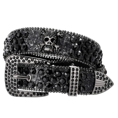 SUOSDEY Skull Rhinestone Belt for Men Women Sparkly Bling Diamond Sequin Studded Belt Western Cowgirl Cowboy Belt