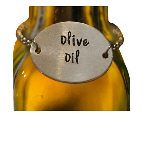 Pretty Prairie Oil Dispenser Label, Olive Oil Jar, Hand Stamped, Bottle Label, Metal Tag, Farmhouse Style Label, Dressing Label, Cook Gift, Housewarming
