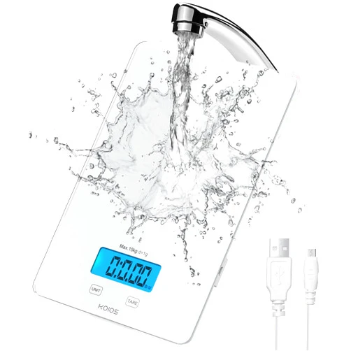 KOIOS USB Rechargeable Food Scale, 33lb/15Kg Kitchen Scale Digital Weight Grams and oz for Cooking Baking, 1g/0.1oz Precise Graduation, Waterproof Tempered Glass, 6 Weight Units, Tare Function