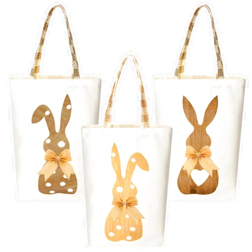 GliCraft 3 Pcs Easter Bunny Tote Bags Easter Bags with Handle Happy Rabbit Gift Reusable Canvas Candy Purse for Egg Party Supplies(Brown,Bunny)