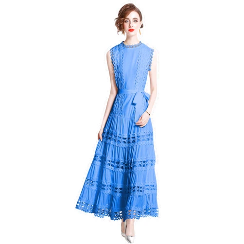 LAI MENG FIVE CATS Women Sleeveless Hollow Out Maxi Dress Casual Wedding Guest Long Dress with Belt