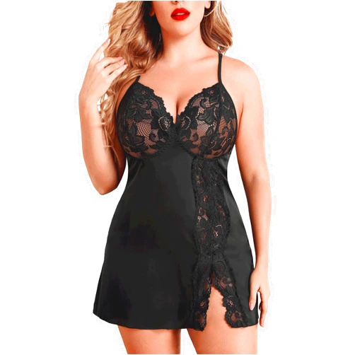 Avidlove Plus Size Lingerie For Women Sexy Satin Nightgown Lace Babydoll Side Slit Strappy Chemise Nightwear