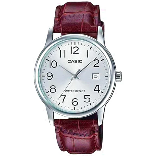 Casio #MTP-V002L-7B Men's Standard Analog Leather Band Easy Reader Day Date Watch