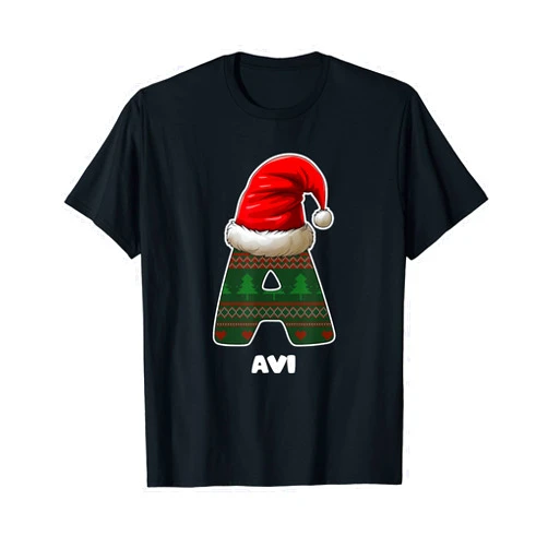 Santa Hat Letter Christmas First Name Gifts Christmas Letter A First Name Avi T-Shirt