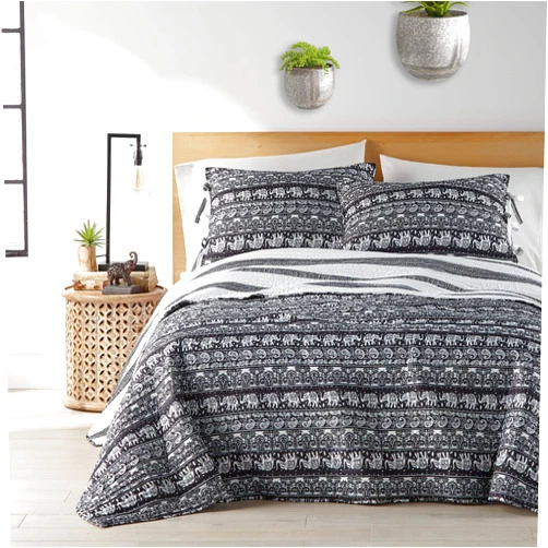 Homthreads Kayam Quilt Set - Twin Quilt + One Standard Pillow Sham - Bohemian - Black and White - Quilt Size (68x86in.) and Pillow Sham Size (26x20in.) - Reversible - Microfiber