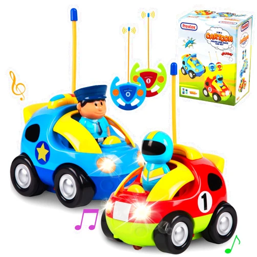 Prextex 2 Pack Cartoon Remote Control Cars for Toddlers - Police Car and Race Car with Steering Wheel Controllers and Lights - Different Frequencies So Both Can Race Together - Toddler Gift 18+ Months