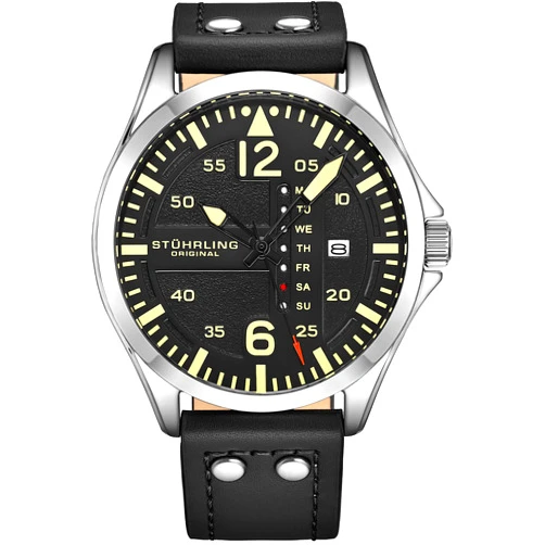 Stuhrling Original Mens Leather Watch -Aviation Watch, Quick-Set Day-Date Leather Band with Steel Rivets,