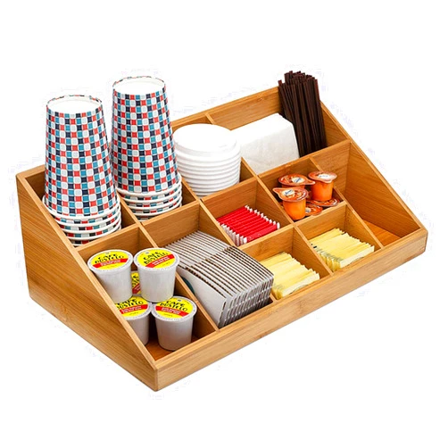 Wildboo Coffee Station Organizer, 11 Compartment Coffee Condiment and Cup Storage Organizer, Tea Bag Holder and Coffee Accessories Organizer,Wood