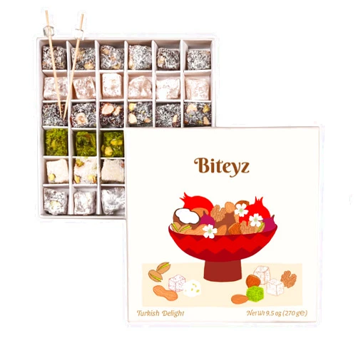 Biteyz Nutty Turkish Delight, Vegan Candy Gift Box - Assorted Gourmet Treats with Pistachios, Walnuts, Hazelnuts, Almonds, Peanuts, and Coconut, 36 Pieces of Luxury Handmade Snacks