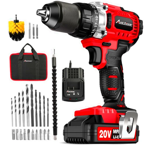 AVID POWER Brushless Drill Set, 20V Cordless Drill Driver Kit with 2.0Ah Battery and Fast Charger, 1/2-Inch Metal Chuck, 400 In-lbs Torque, 2-Variable Speed, 28pcs Accessories and Tool Bag