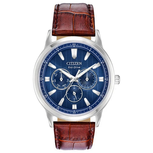 Citizen Men's Eco-Drive Corso Classic Watch in Stainless Steel with Brown Leather strap, Blue Dial (Model: BU2070-12L)