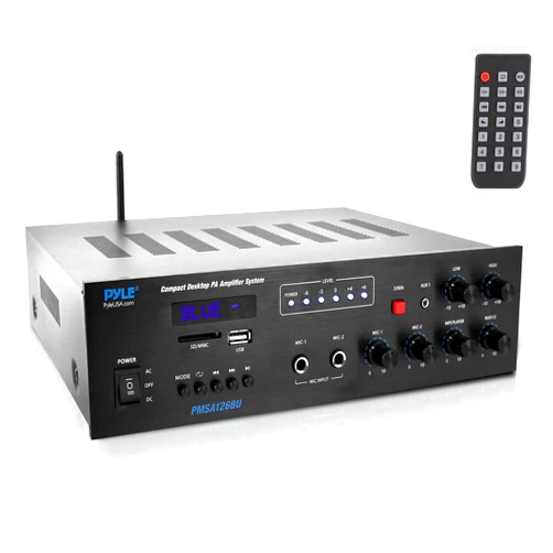 Pyle Wireless Bluetooth Public Address Amplifier - 500W Compact Mini Digital Home Power Audio Sound PA Receiver System w/ 70V 100V Output, Mic Input, Radio, USB, Remote For 4-16ohm Speaker -PMSA126BU
