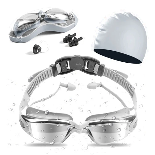 Nieolheoui Swimming Goggles Swimming Cap Set for Adults, UV Protection Lenses Clear Anti-Fog Swim Goggles Waterproof Swimming Cap with Nose Plug Earplug