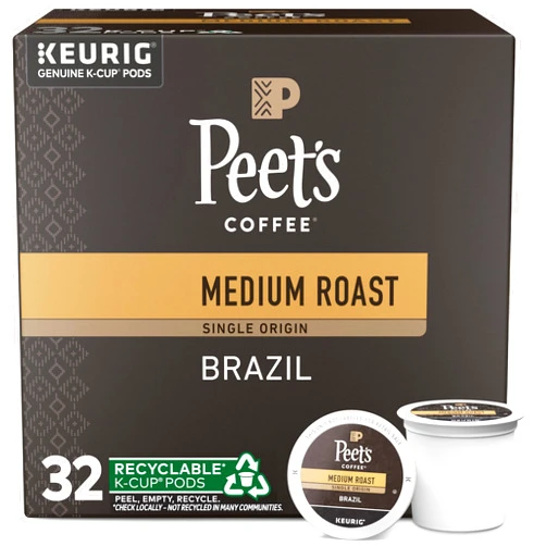 Peet's Coffee, Medium Roast K-Cup Pods for Keurig Brewers - Single Origin Brazil 32 Count (1 Box of 32 K-Cup Pods)