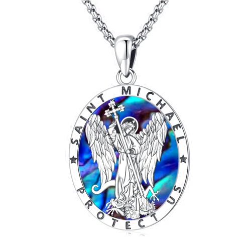 Eusense St Michael St Christopher St Benedict Saint Jude Virgin Mary Necklace Gold Plated 925 Sterling Silver Religious Jewelry for Men Women Saints Necklace Abalone shell Turquoise Obsidian