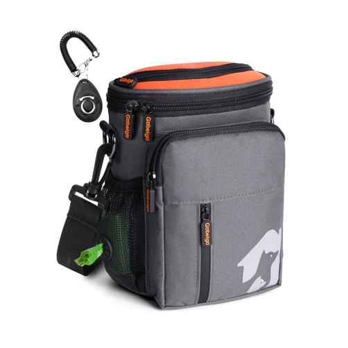 Gobeigo 8 Cup Dog Treat Pouch and Training Clicker, Dog Walking Bag with Phone Holder, Built-in Poop Bag Dispenser, 3 Ways Wearable Pet Fanny Pack for Outdoor Travel(Gray & Orange)