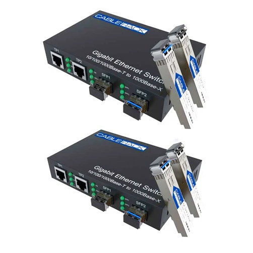 CableRack Gigabit Media Converter Multimode to Singlemode All-in-one (3 Configurations) Fiber Switch with Dual 10/100/1000M Ethernet Ports (2 Pack)