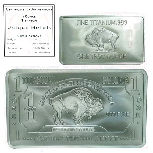 Unique Metals 1 Troy Ounce (Oz) Titanium Bar Bullion Paperweight Metal with Certificate of Authenticity | Made in USA .999 Pure Titanium bar by Unique Metals