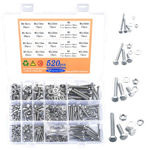 Qiwuhai 520 Pcs Hex Head Bolts and Nuts and Flat Washers Assortment Kit, M3/M4/M5/M6 Heavy Duty Stainless Steel Fully Threaded Machine Screws and Nuts Bolts and Washers Kit(520 Silver)