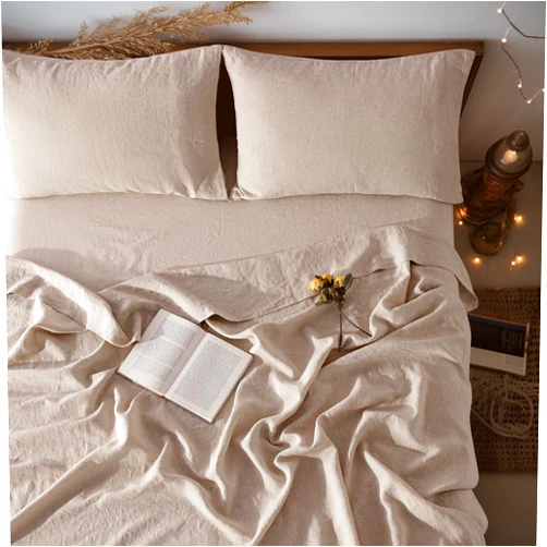 LBRO2M LBR02M 100% Linen Sheet Set Queen Size, Bed Sheets 4 Piece Sets, Solid Color Natural Flax Bed Sheets Soft Breathable Bedding,16