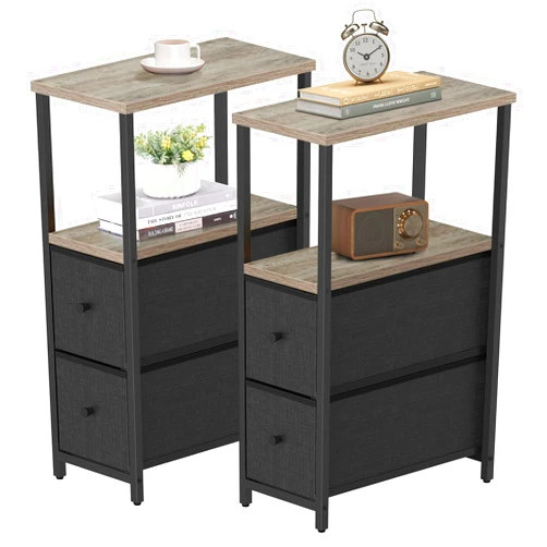 TUTOTAK Small Narrow End Table, Set of 2, Side Table, Nightstand with 2 Cloth Drawers, Couch Table, for Living Room, Bedroom, Bedside, Greige TB01BG054