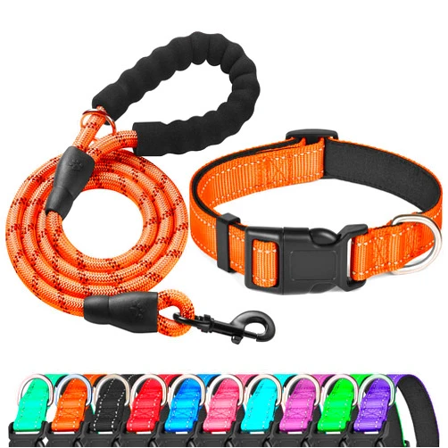 Ladoogo Reflective Dog Collar Padded with Soft Neoprene Breathable Adjustable Nylon Dog Collars for Small Medium Large Dogs (Medium (Pack of 1), Orange Collar+Leash)