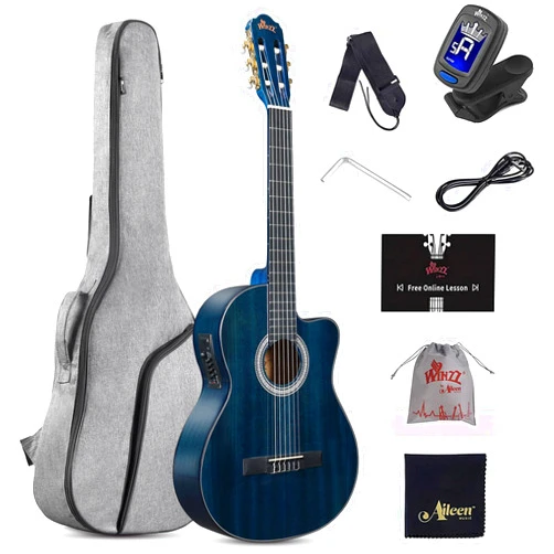 WINZZ AC309CE 39 Inches Cutaway Nylon-string Classical Electric Guitar Build-in Pickup Kit Set Online Lessons, Blue