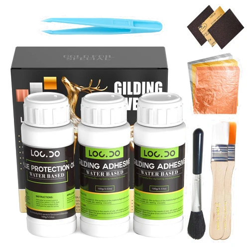 LOCDO Gilding Adhesive 300ml Set - Water-Based Formula, Non-Toxic & Irritating Odor, Includes 300 PC Gold Leaf Sheets and Protective Paint for Photo Frame Craft, Painting, Furniture and Decoration