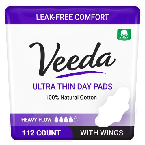 Veeda Natural Cotton Day Pads for Women - Heavy Flow Absorbent Ultra-Thin Feminine Pads with Wings - Hypoallergenic Period pads - Unscented & Chlorine free Sanitary Napkins - 112 Count