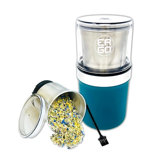 ERGO Herb Grinder - Electric. Large Capacity with Removable (washable) Stainless Cup and Airtight Lid. For Herbs and Spices. Pollen Brush included