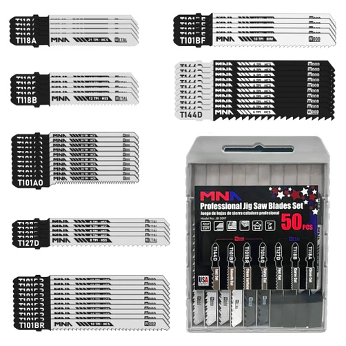 MNA Multi-Purpose Jig-Saw Blades, 50 Pieces, Assorted Jig Saw Kit Value Pack for Wood, Plastic and Metal Cutting with Carry Case