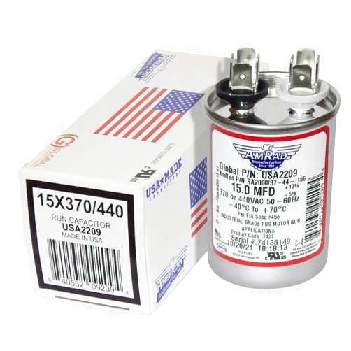 AMRAD ENGINEERING USA2209 Series Round USA-Made Motor Run Capacitor, 15 Mfd, 370/440 Vac-132325