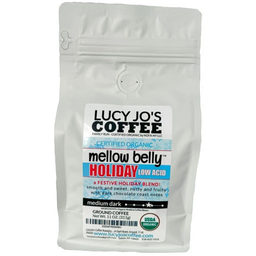 Lucy Jo's Coffee Roastery, Organic Mellow Belly Holiday Low Acid Blend, Medium Dark Roast, Ground, 11 oz