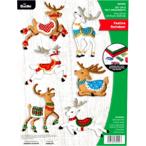 Bucilla Felt Applique 6 Piece Ornament Making Kit, Festive Reindeer, Perfect for DIY Arts and Crafts, 89299E
