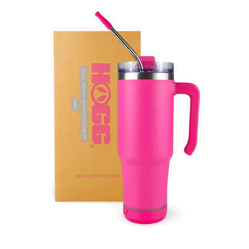 Hogg 30oz Grippy Speaker Tumbler - Pink, Wireless Bluetooth Speaker, 30oz Handle Tumbler, Stainless Steel Double Wall Vacuum Seal Insulation, Powder Coated Pink with Speaker Handle Lid and Straw