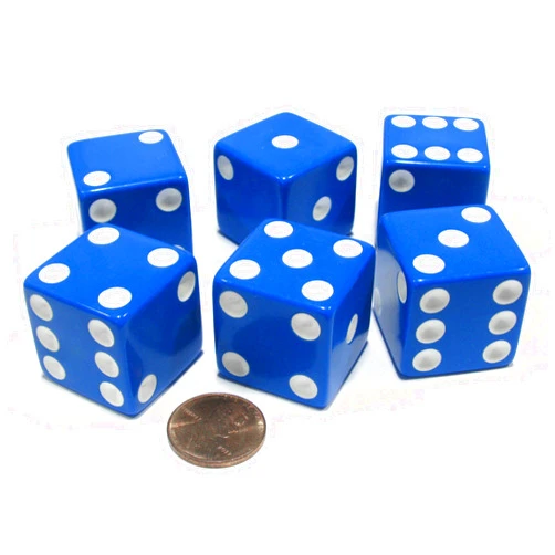 Koplow Games Set of 6 D6 25mm Large Opaque Jumbo Dice - Blue with White Pip