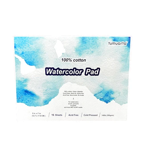 tumuarta Watercolor Paper Pad, 100% Cotton, 5x7, 140LB, 300 GSM, 16 Sheets, Acid Free, Cold Press, Watercolor Paper Mixed Media Sketch Books for Watercolors, Acrylic, Gouache, More Dry & Wet Media.