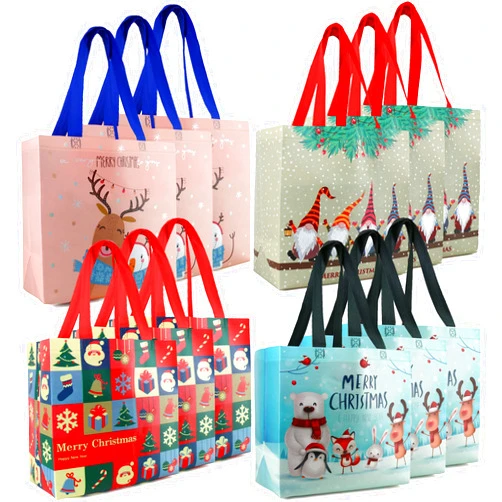 BeeGreen Christmas Gift Bags Set of 12 Durable Large 13.4W x 13.4H x 7D Reusable Grocery Shopping Totes Portable Supermarket Shopper Baggies for Groceries Xmas with Long Handle Pink Grey Teal Red