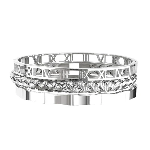 Enigma Mens Bracelet, Bracelet Stack, Roman Numerals Stainless Steel Cable Chain, Easy Hook Clasp, Set of 3, Adjustable Cuff Bangles, Hermes Style Jewelry For Men, Bangles For Gifts