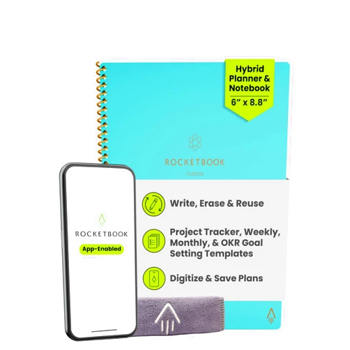 Rocketbook Fusion Hybrid Reusable Planner and Notebook in One, Additional Blank Pages, Goal and Project Tracker, Undated Planner, Executive Size 6x8.8, Teal (Pack of 1)