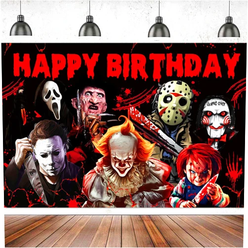 Brupthay 5x3FT Horror Birthday Decorations Backdrop, Horror Movie Happy Birthday Halloween Banner, Classic Horror Movie Birthday Party Decorations, Horror Birthday Banner for Adults Halloween Birthday Party