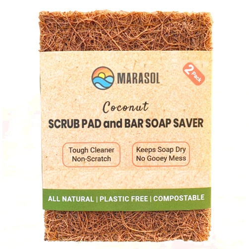 Marasol Soap Saver and Scrub Pad (2) | Coconut Fiber - Compostable | Plastic Free - Zero Waste | Bar Soap Holder | Tough Non-Scratch Scour Pad | Vegetable Brush | 2-Pack